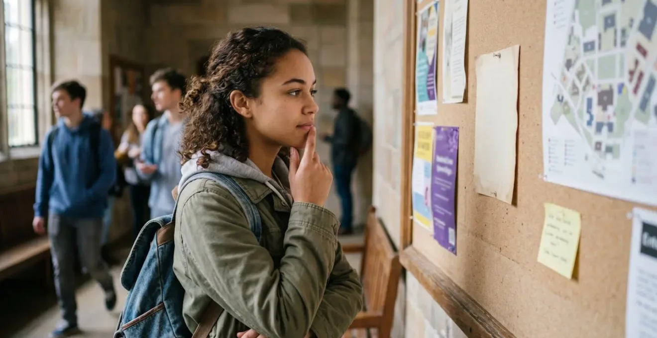 Jeune adulte devant un tableau d'affichage avec des projets d'avenir, symbolisant la liquidation de l'épargne pour financer études ou logement